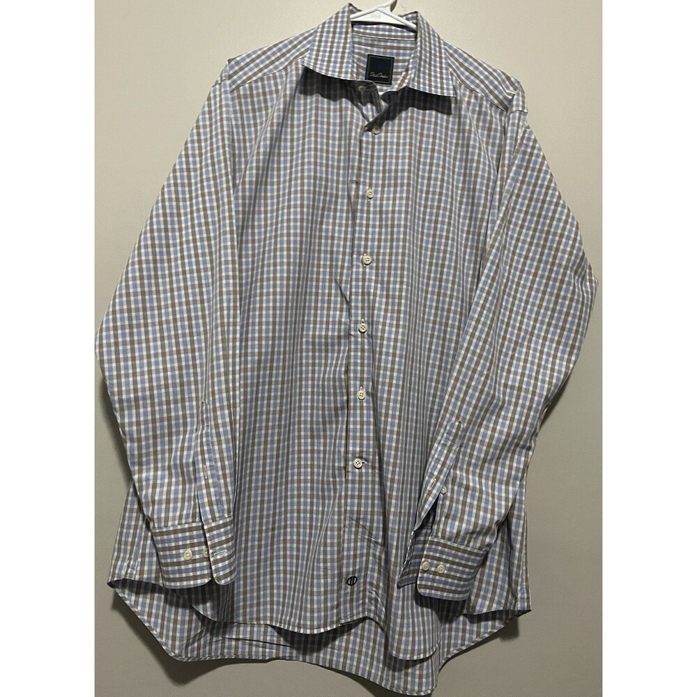 David Donahue Mens Dress Shirt Blue White Plaid Cotton Long Sleeve Sz 17 34/35